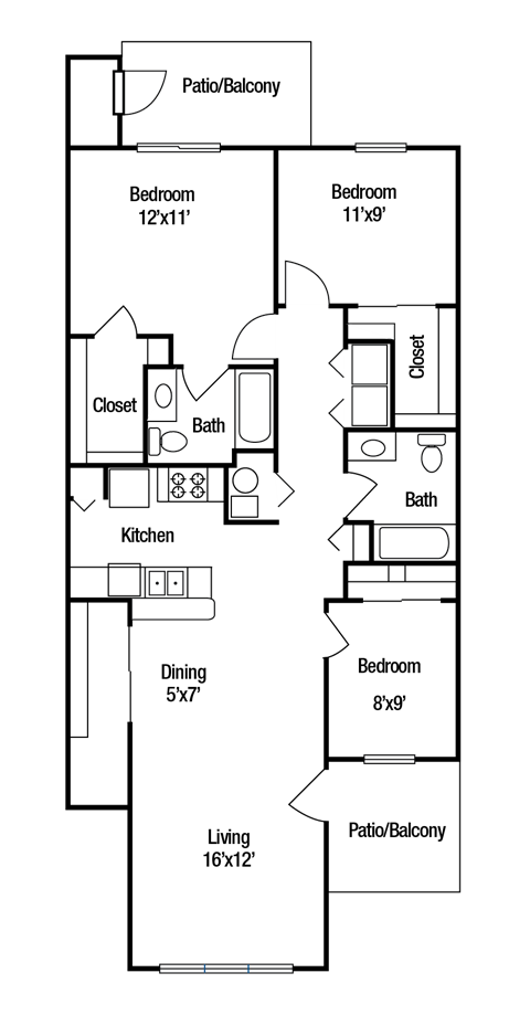 A floor plan of a house with a living room, two bedrooms, a bathroom, a kitchen, a dining room, and a patio/balcony.